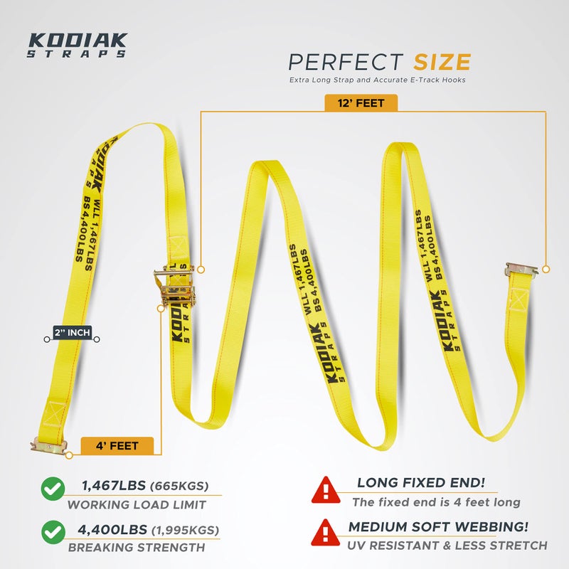 KODIAK STRAPS 6 Pack E-Track Ratchet Straps 2"" x 16' x 4 400 lbs Strength for Cargo Tie Down in Enclosed Trailer & Van by KODIAK STRAPS - Image 2